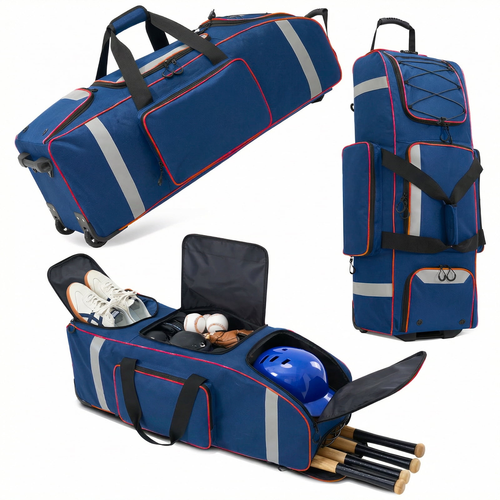 Fegat Large Catcher Gear Bag With Wheels, Soft Rolling Baseball Bag for 4 Bats, Portable Baseball Catcher Bag With Wheels, Multi-Pockets, Fence Hook, Holds All Softball Baseball Equipment
