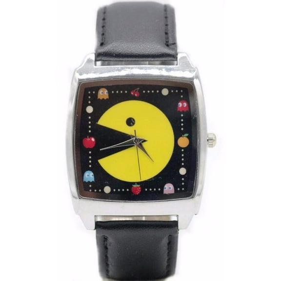 Pac-Man Themed Square Face Black Leather Band Timepiece