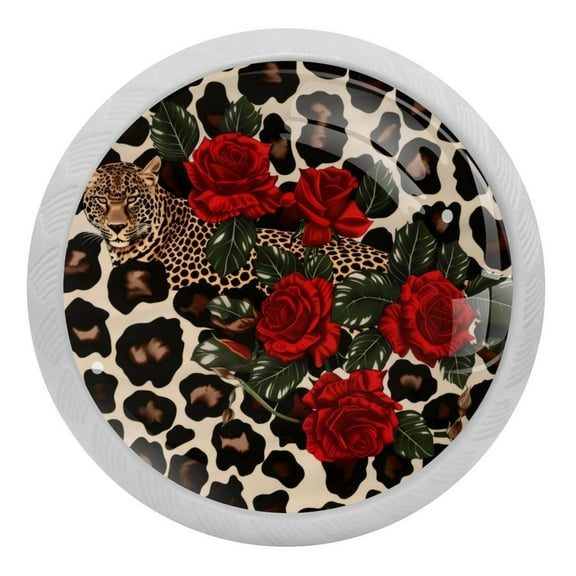 PhooArto Leopard Red Roses Print 4 PCS Crystal Glass Cabinet Knobs, Drawer Kitchen Cabinets Dresser Cupboard Wardrobe Pulls Handle - Glowing in the Dark