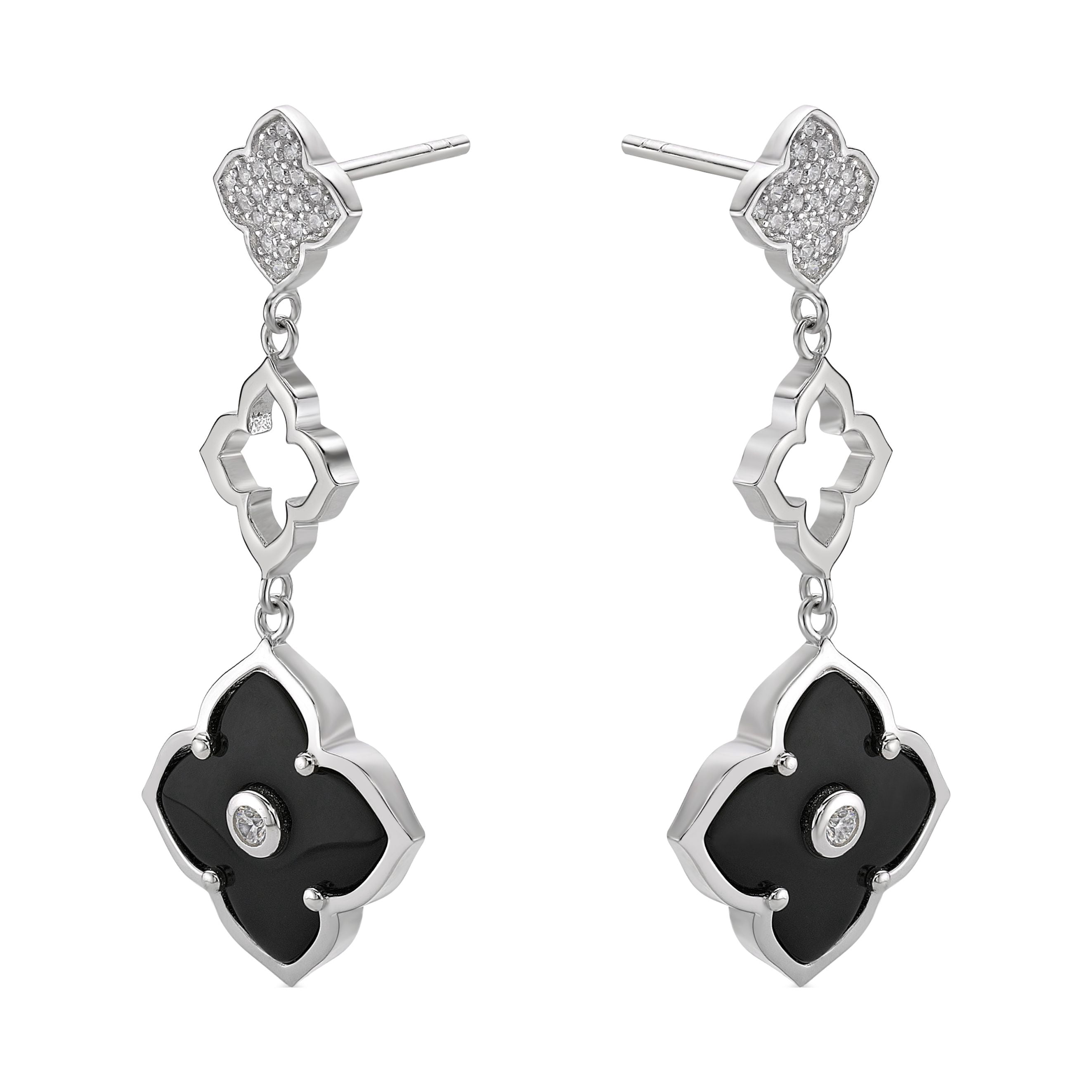 Black Onyx Three Flower Drop Dangle Earrings for Women with Cubic Zirconia in 925 Sterling Silver Push Back by Lavari Jewelers