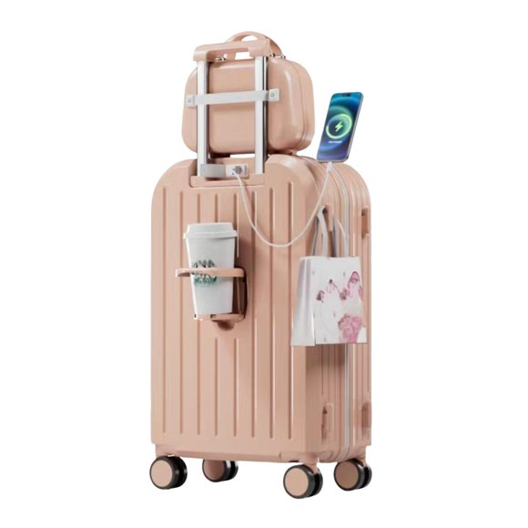 22-inch (55cm) Pink ABS+PC Multi-Functional Luggage Set with 360° Silent Universal Wheels, 3-Digit Combination Lock, USB Port, Foldable Cup Holder, Side Hook & Detachable Subcase - B218 Travel