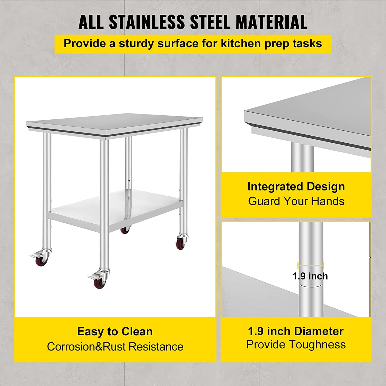VEVOR Stainless Steel Work Table 36 x 24 inch with 4 Wheels Commercial Food Prep Worktable with Casters Heavy Duty Work Table for Commercial Kitchen Restaurant