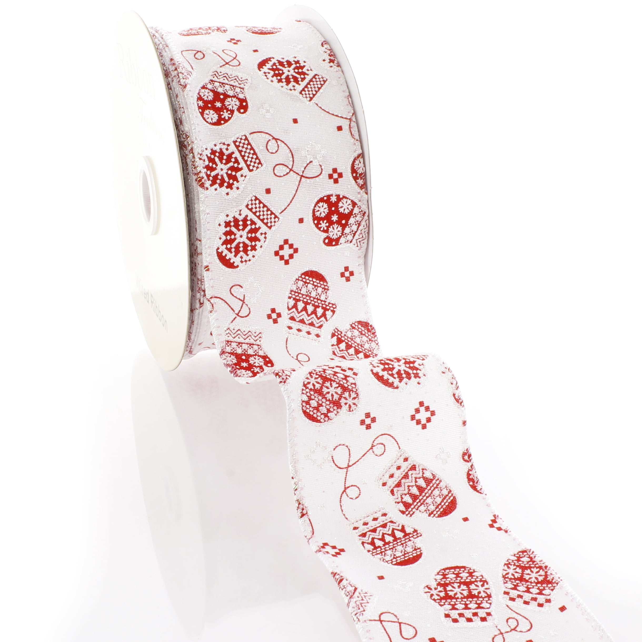 2 1/2" Wired Ribbon Red Winter Mittens Red - 10yd