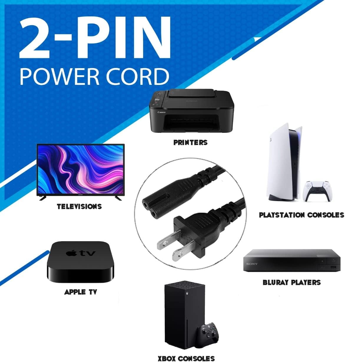 5FT 2 Prong Figure 8 C8 Power Cord 2-Slot Non-Polarized for TV PS4 PS5 Monitor Printers