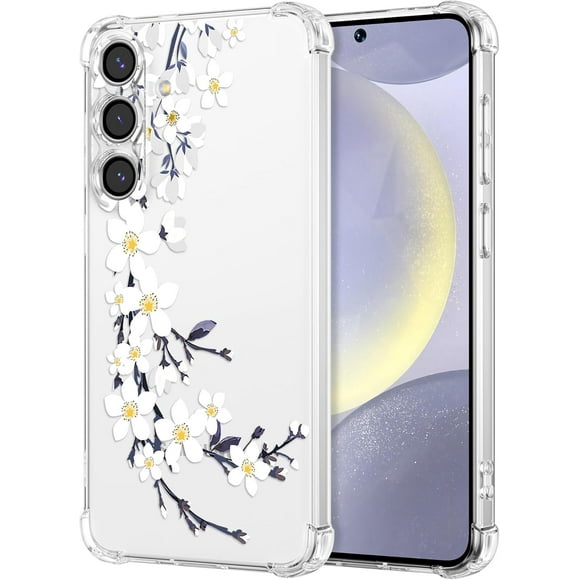 SHILIU-Soft Case Compatible with Samsung Galaxy S25, Clear Floral Flower Pattern Print Design Flexible TPU Shockproof Cover for Women Girls, Flower Protective Phone Case, White Pear Blossom