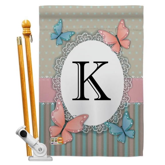 Breeze Decor BD-BG-HS-130141-IP-BO-D-US14-BD 28 x 40 in. Butterflies K Initial Garden Friends Bugs & Frogs Impressions Decorative Vertical Double Sided House Flag Set & Pole Bracket Hardware