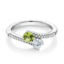 Gem Stone King 925 Sterling Silver Green Peridot and White Moissanite Bypass Ring for Women (0.77 Cttw, Gemstone August Birthstone, Round 4MM, Available in Size 5, 6, 7, 8, 9)