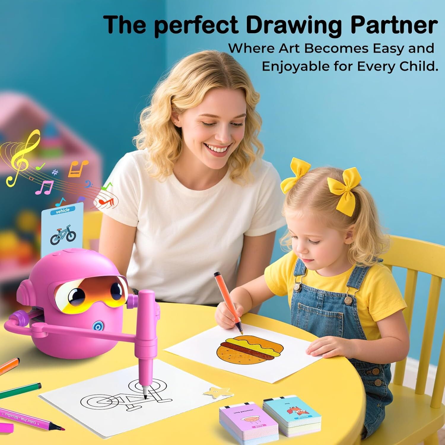 Drawing Robot for Kids, with 100 Word Cards, Voice Interactive Educational Drawing Machine, Montessori Painting Learning Toys for 3-8 Year Old Boys Girls Birthday Party,Pink