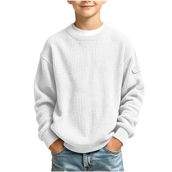 BLVB Boys Waffle Knit Sweatshirt Kids Long Sleeve Crewneck Pullover Solid Color Teen Boy Fall Winter Clothes(White,15-16 Years)