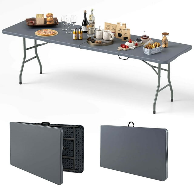 Costway Table Pliante Portable de 8 Pi avec Plateau en HDPE, Mécanisme de Verrouillage Sécuritaire, Poignée de Transport, Gris