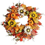 24" Fall Front Door Wreath,Autumn Floral Wreath with Sunflowers and Pumpkins Maple Leaves Wreath for Front Door Thanksgiving Halloween Decor