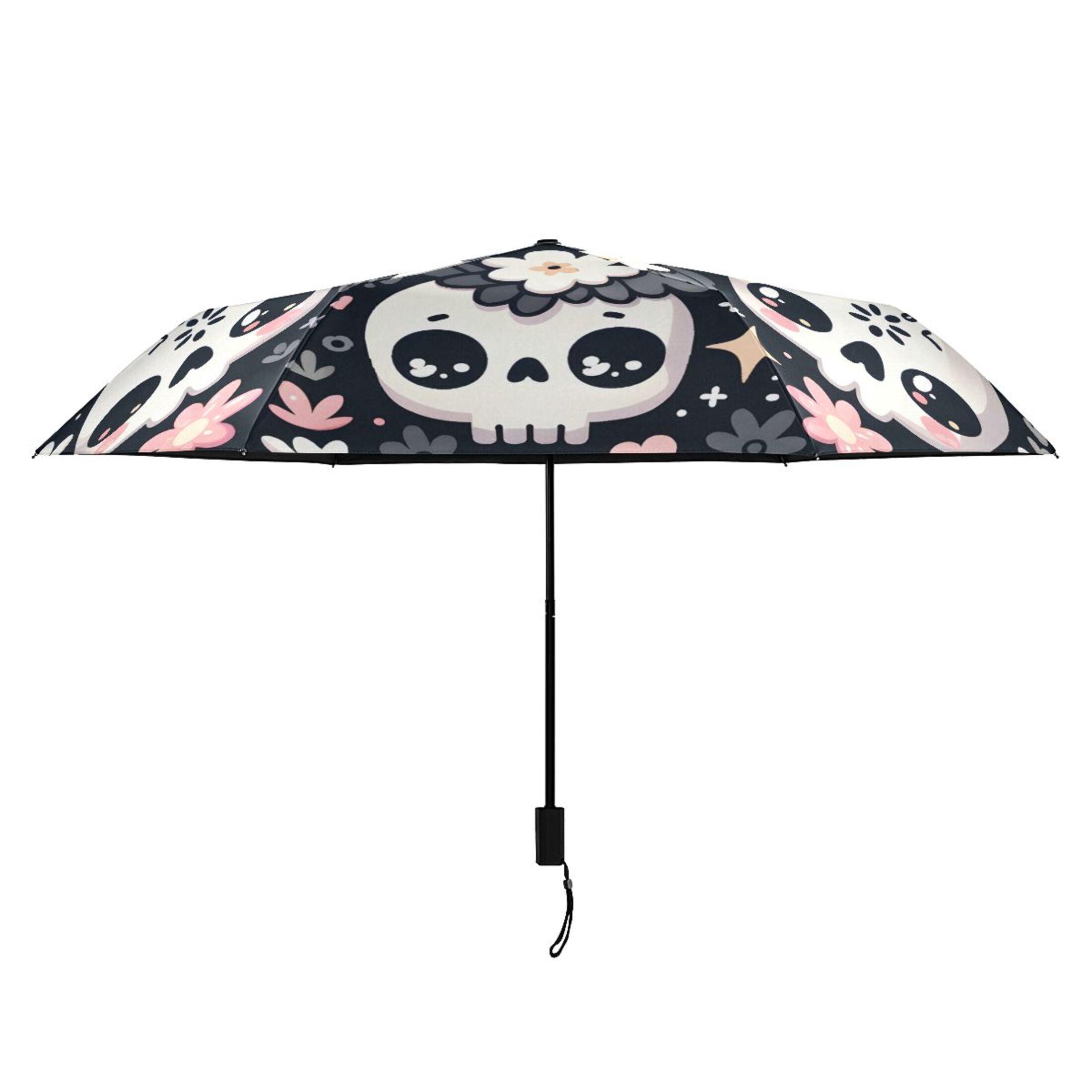 Funny Skull with Flower Compact Sun Umbrella Windproof Travel Umbrellas for Rain Strong Portable UV Protection