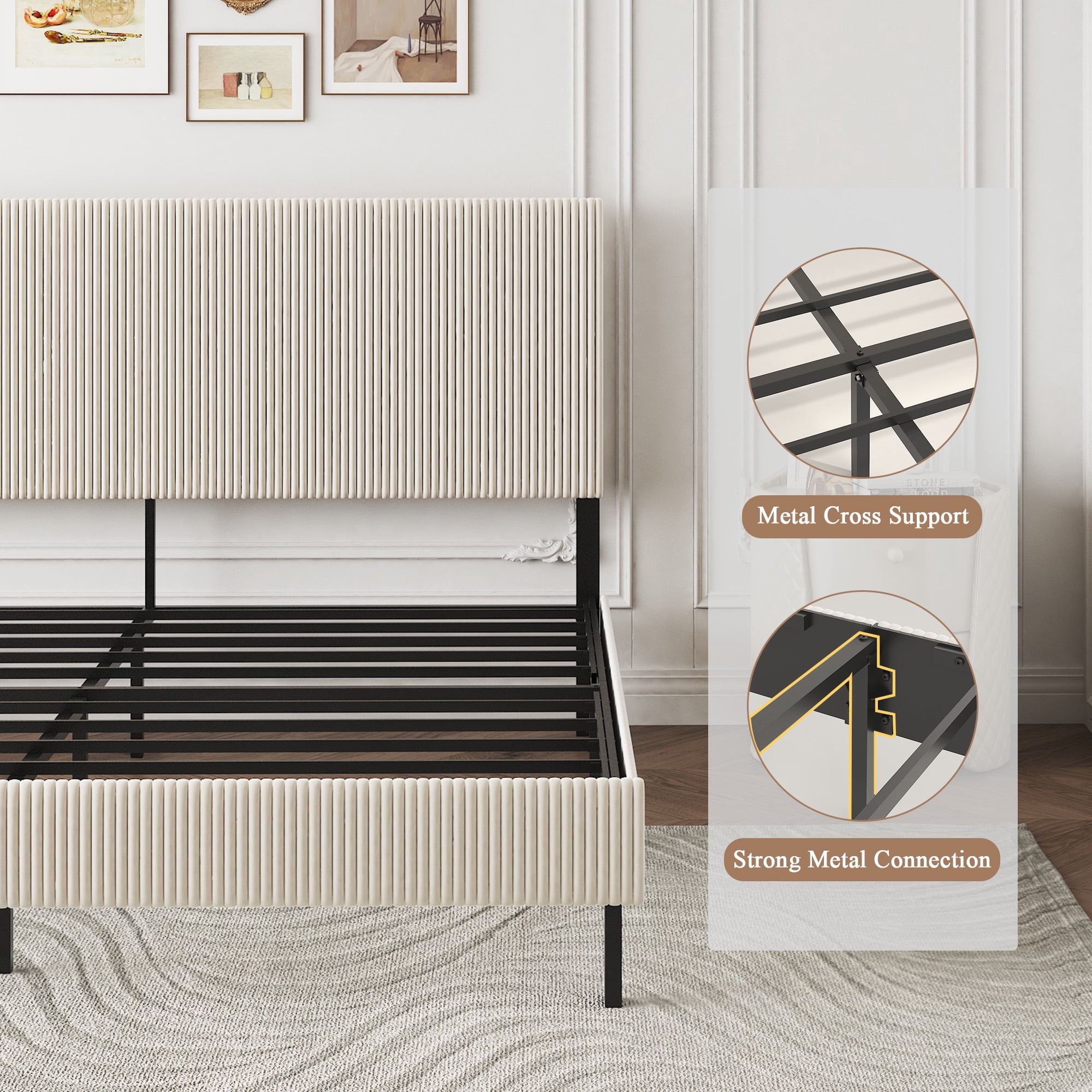 Miniyam King Bed Frame with Upholstered Headboard, Metal Platform Bed, Beige