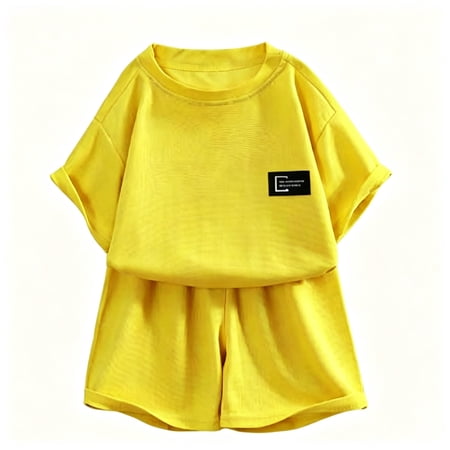 Glisme Kids Girls Outfit Set Letter Print Short Sleeve Crew Neck Shirt With Solid Color Shorts Set Summer Comfortable Toddler Girls Outfit Size 7-8 Years Yellow