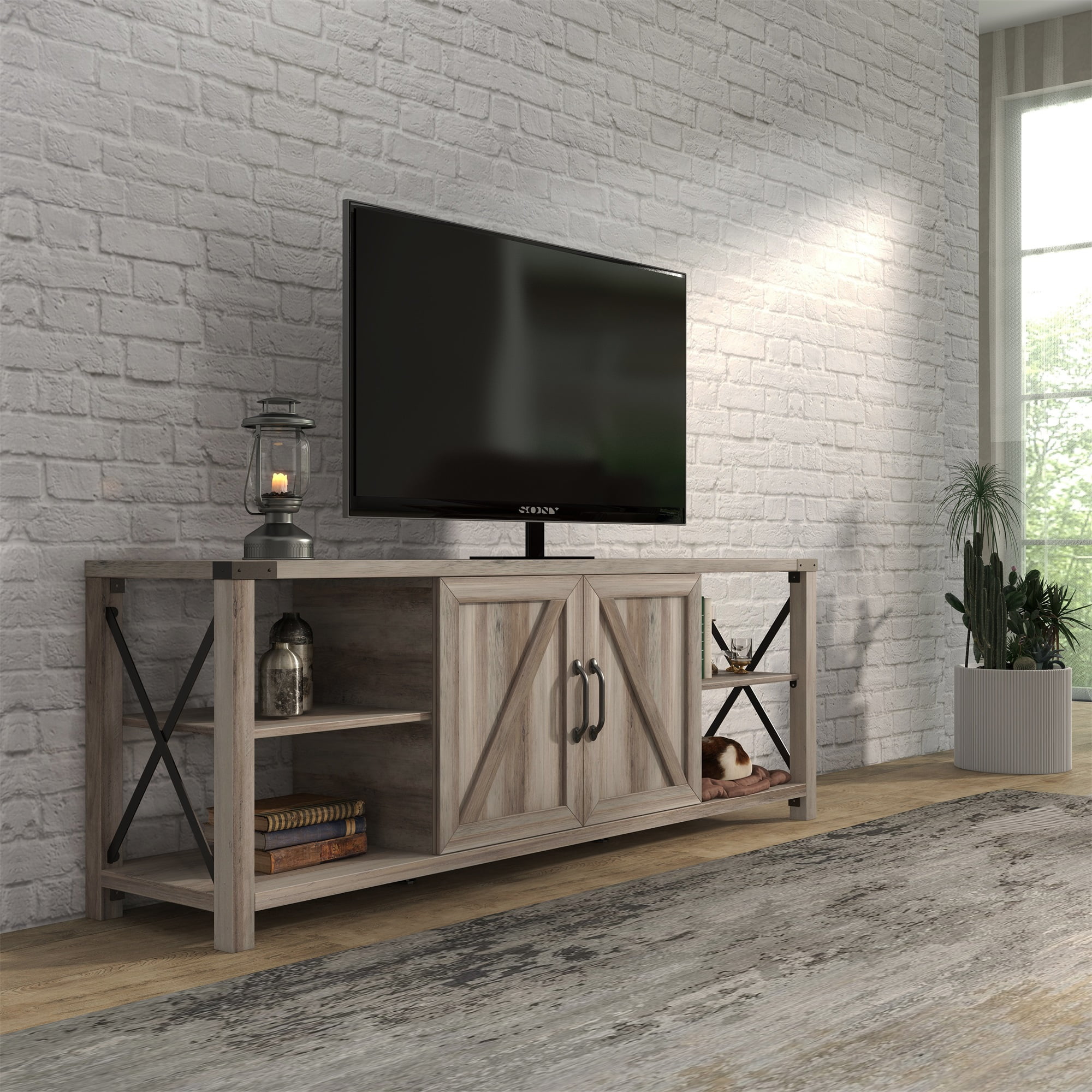 Kadyn TV Stand, Modern Entertainment Center for TVs up to 76", TV Console with Storage Cabinets and Shelves, Antique Grey White