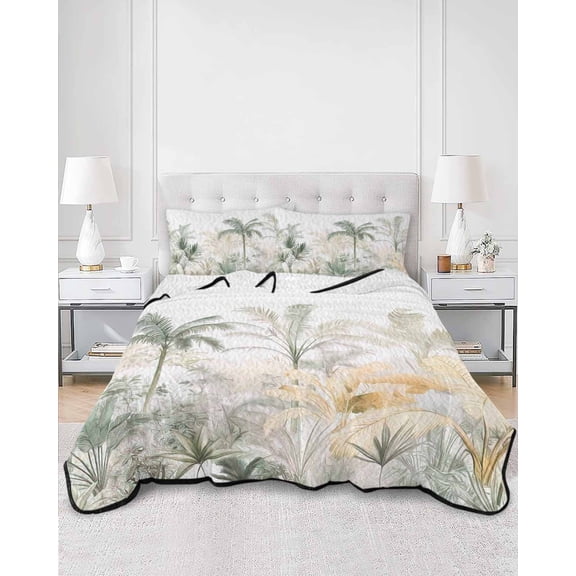 Quilts Twin Size, Green Yellow Palm Tree Soft Comforter Bedding Set for Bed, Summer Botanical Tropical Lightweight Quilted Bedspread with Pillow Cover(2 Pieces) for All Season, 68x86 Inch