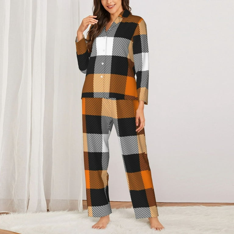 Pajamas Sleepwear Orange 2 Kll Long Sleeve Set-Small With Women\'S Loungewear Plaid Print Pants