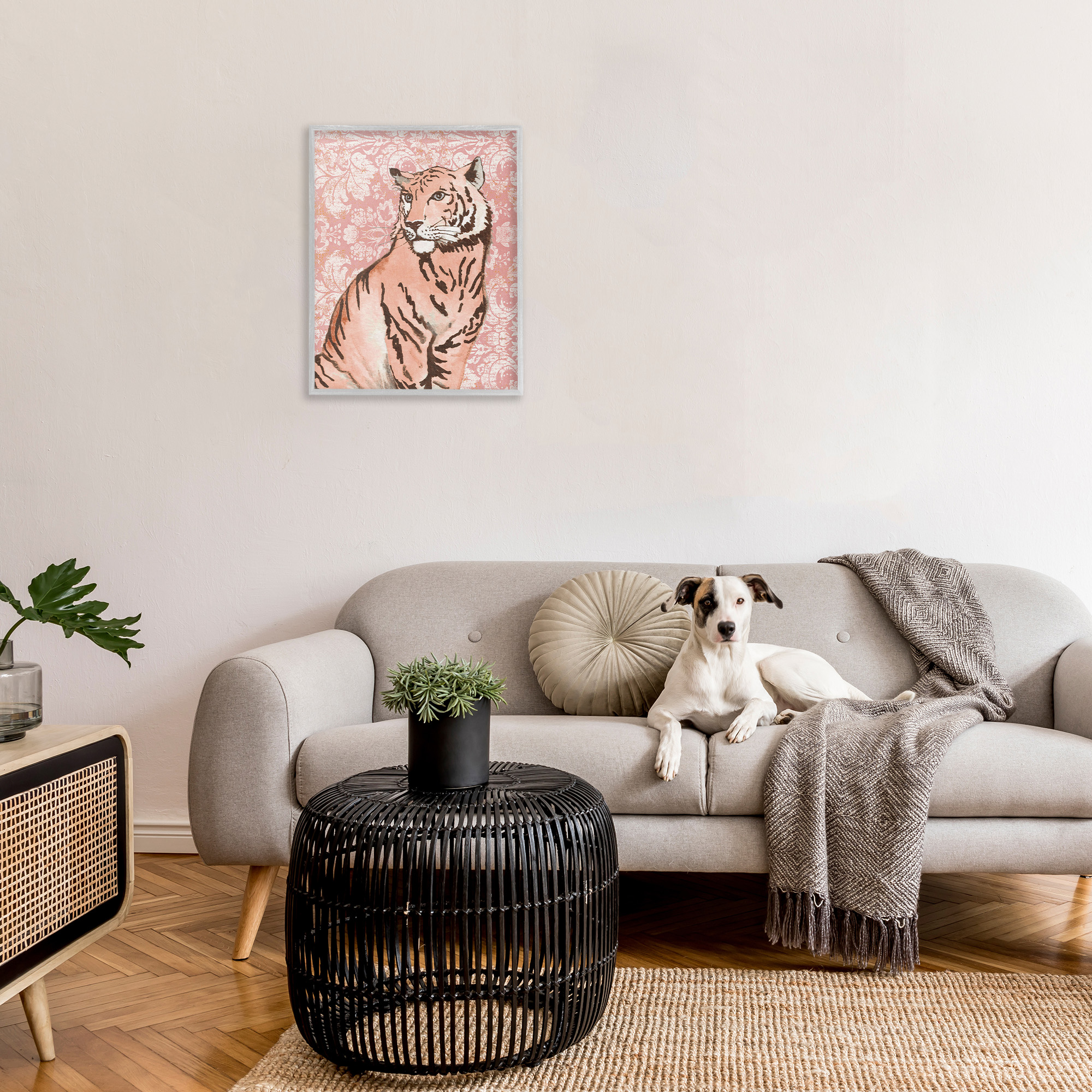 Stupell Industries Tiger with Vintage Pattern Animals & Insects Painting Gray Framed Art Print Wall Art, 24 x 30