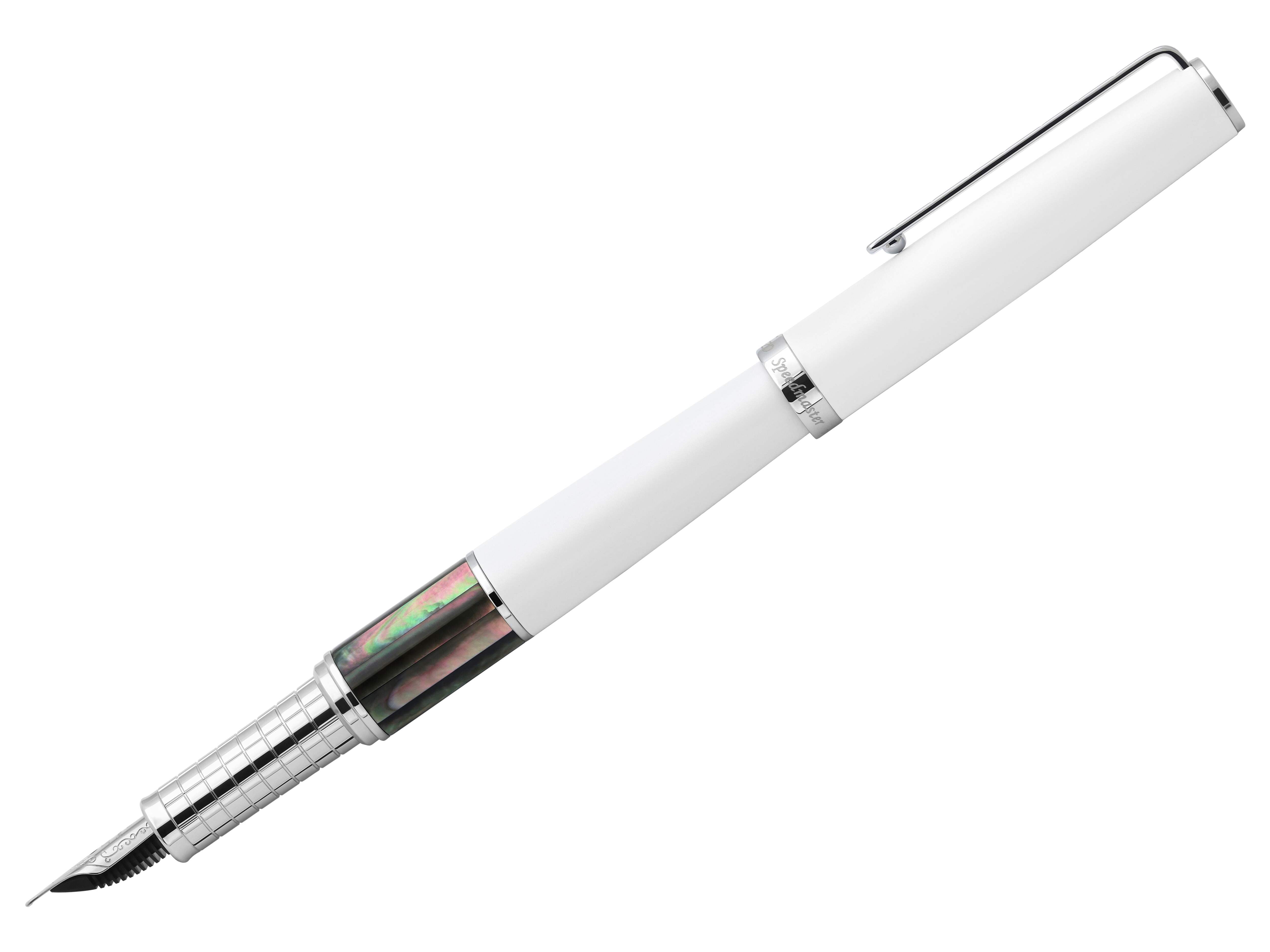 Xezo Speedmaster® White Brass Fountain Pen (Fine Nib) - With Tahitian Black Mother of Pearl