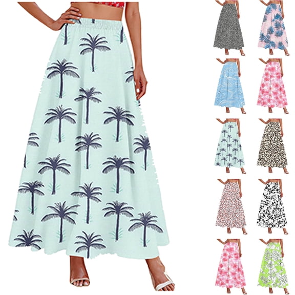 Womens Dresses Plus Size Ndbuld Womens Summer Fashion Printed Elastic Waist Drawstring Double Pocket Skirt A-line Half Length Skirt Green XXL