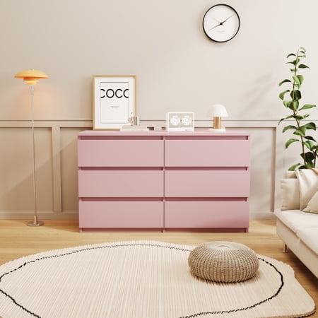 Double Dresser with 6 Drawer, Wood Storage Cabinet with Cut-Out Handles, Chest of Drawers for Bedroom, Living Room, Hallway and Entryway, Pink