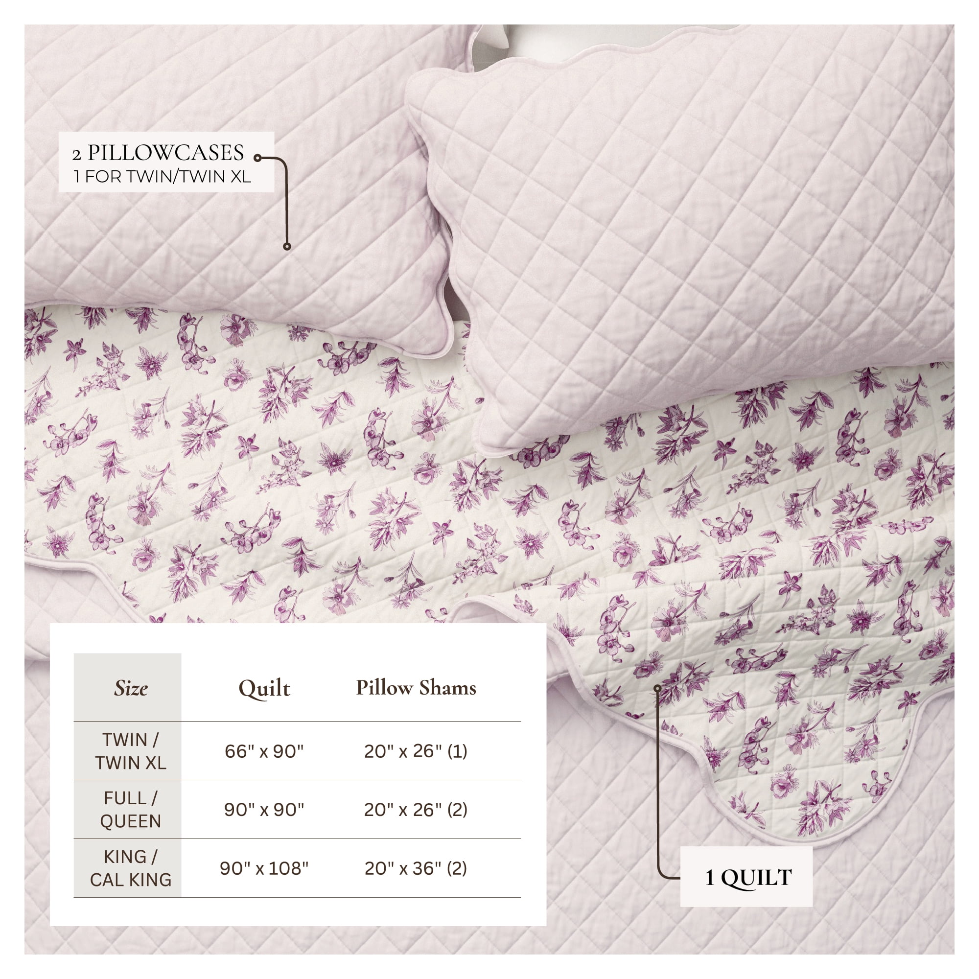Great Bay Home Reversible Printed Floral Twin / Twin XL Scalloped Quilt and Sham Set
