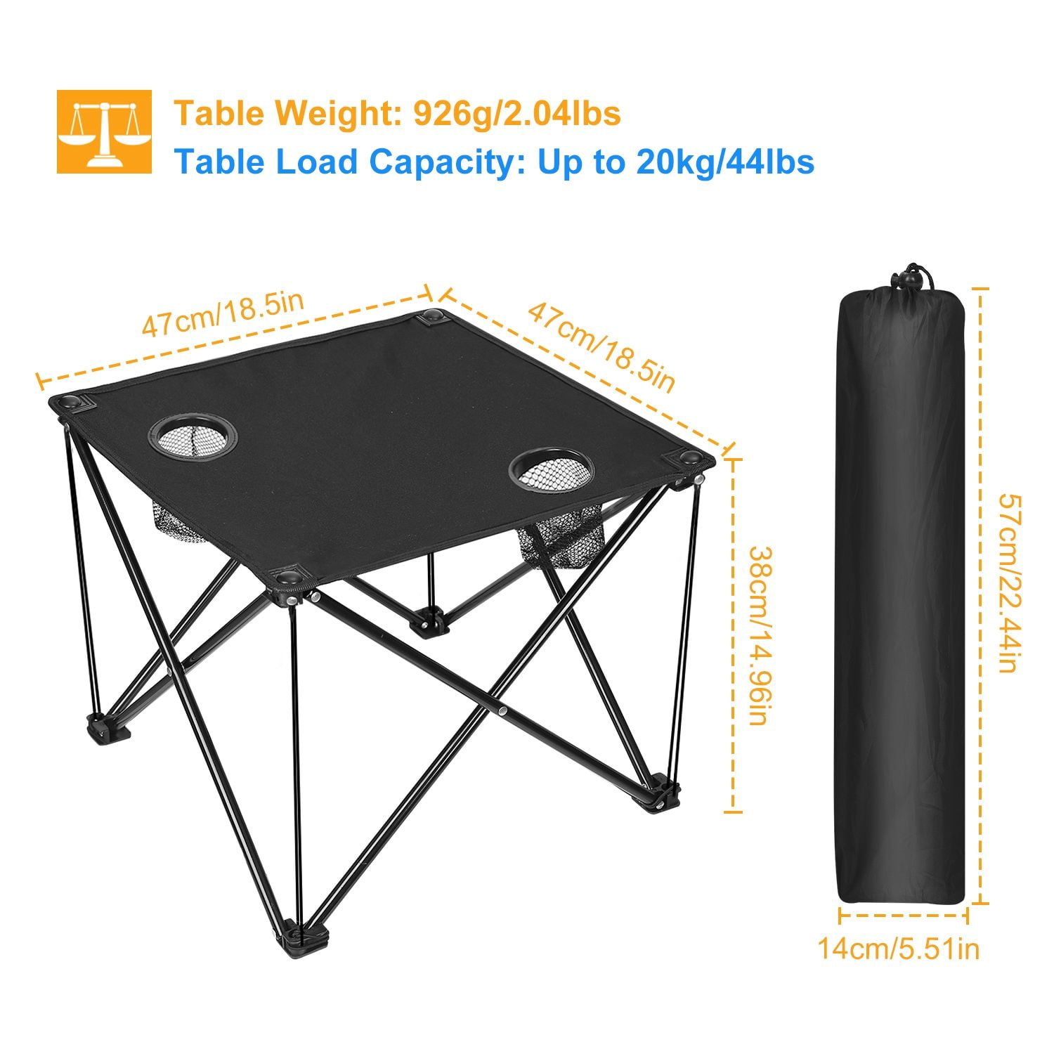Portable Folding Camp Table 18.5"x18.5", Ultralight 2 lb, 44 lb Load, 600D Oxford Top, Built-in 2 Cup Holders, Pop-Up Setup, Mini Square Table for Picnic, Beach, Tailgate & Travel