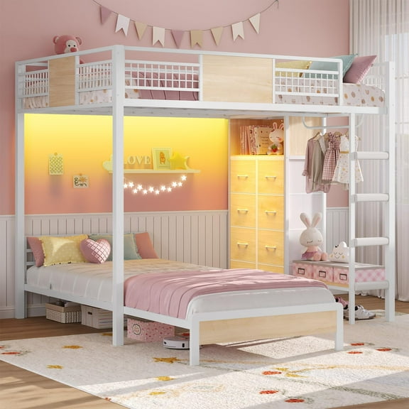 Afuhokles Full Over Twin Bunk Bed with 8 Storage Drawers, Metal Loft Bed with Led Lights and Storage Shelves, White