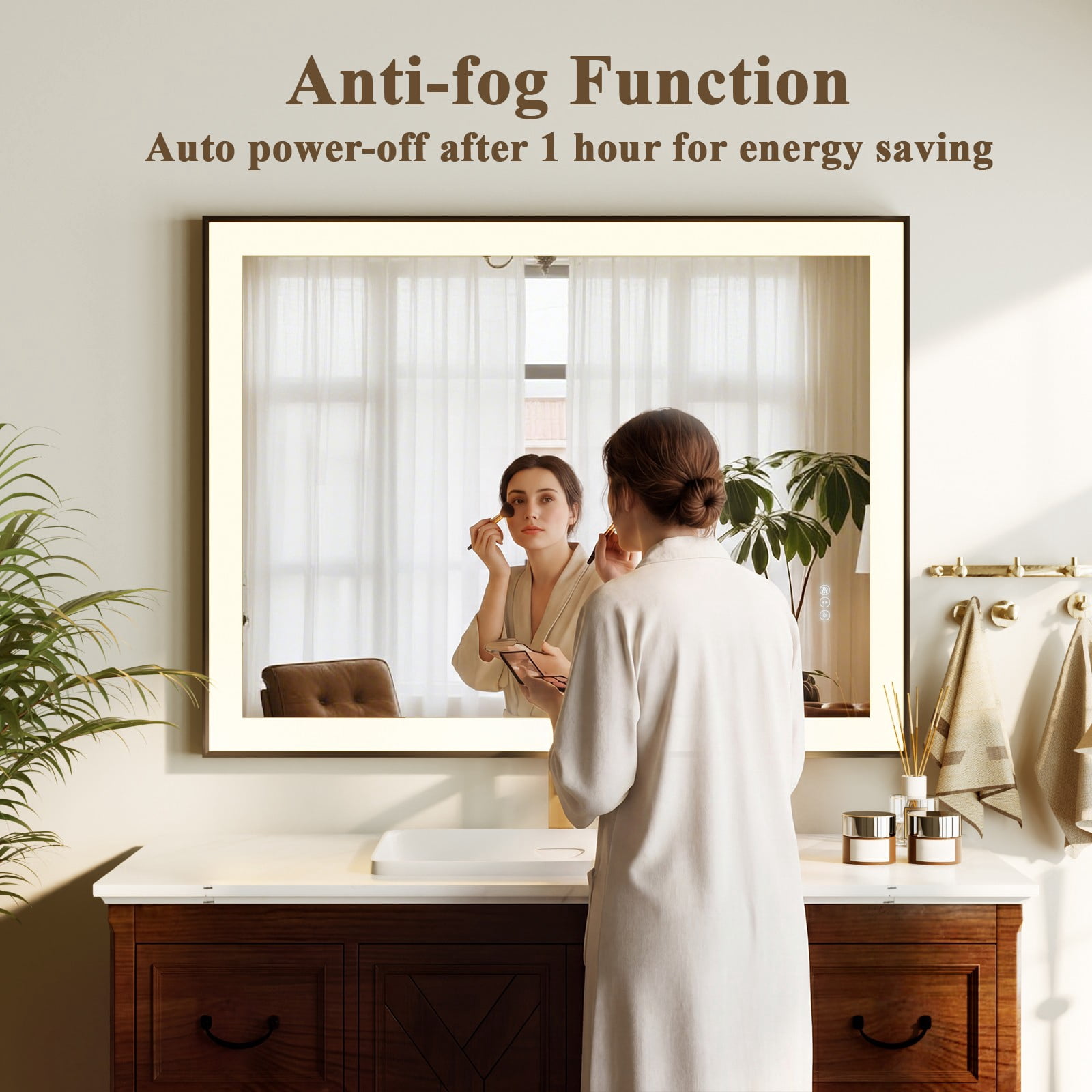 Easy4Home 36"x28" LED Lighted Bathroom Mirror Anti-Fog Vanity Wall-Mounted Mirror with Metal Frame, Black