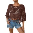 thumbnail image 2 of Boho Scallop Trim Crochet Beach Cover Up for Women Plain Fringe Trim 3/4 Sleeve Crew Neck Sheer Swimwear Coverup, 2 of 5
