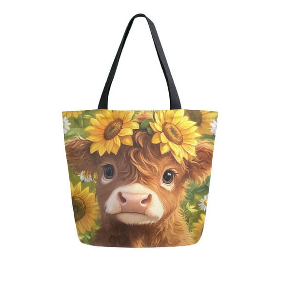 Durable Canvas Tote Bag with Zip Pocket Bags for Woman Shoulder Versatile Carryall for Everyday Use Cute Highland Cow