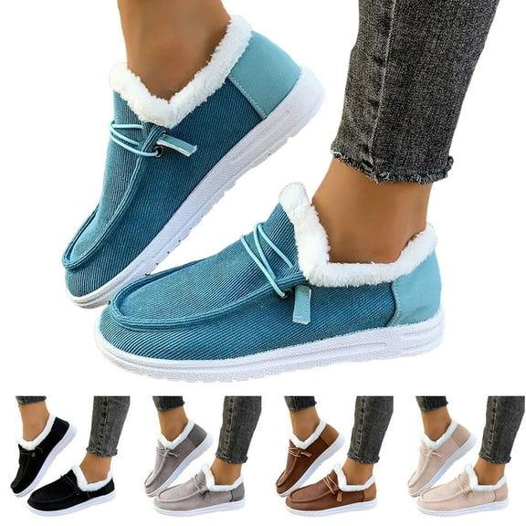 Dakaela Women's Slip on Loafers Orthopedic Winter Flat Snow Boots Fleece Lined Boat Casual Shoes Outdoor Plush Short Booties Beige 6.5