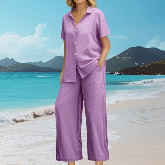 Linen Pajamas for Women Casual Short Sleeve Button Down Shirts High Waisted Wide Leg Pants for Sleepwear