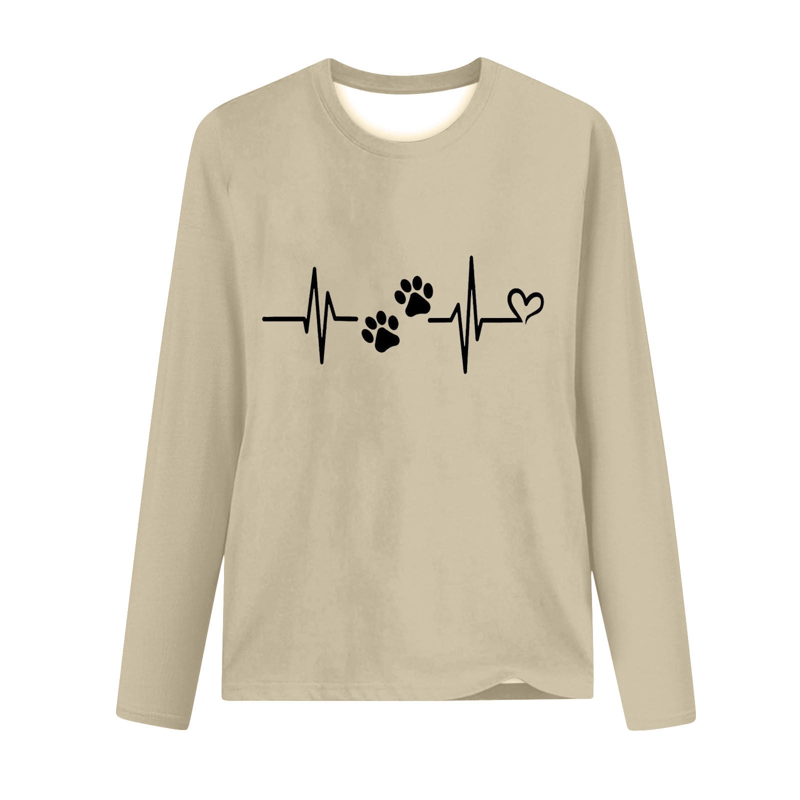 Love Heart Dog Paw Print T Shirts Women Long Sleeve Pullover Tops Casual Blouse Heartbeat Graphic Dog Mom Gift Tees