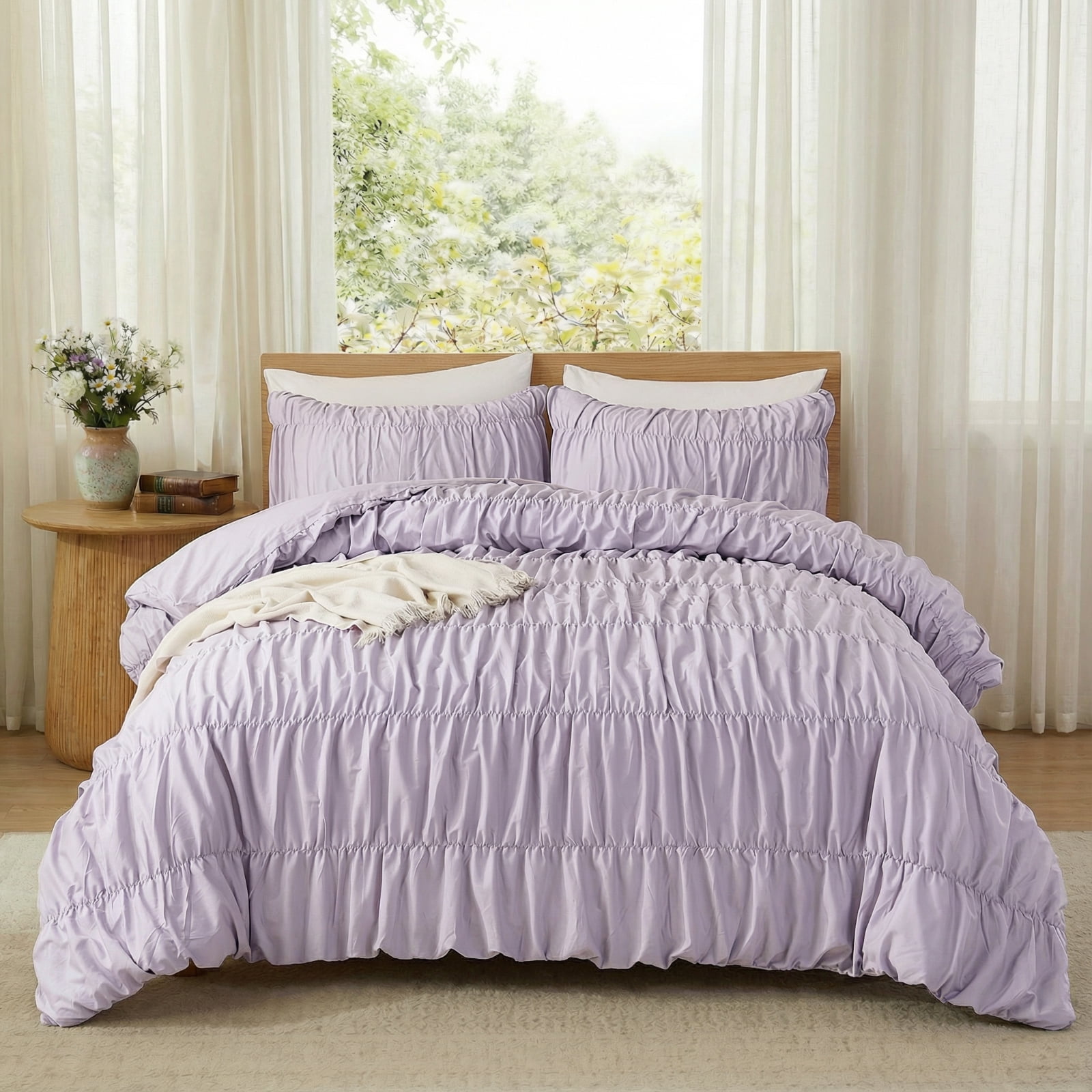 100% Cotton Purple Wrinkle Duvet Cover Set Queen Size,Ruched Bedding Comforter Cover,Shabby Chic Ruffled 3 Pcs Queen Duvet Cover Set,Bohemian Boho Bedding Set with 1 Duvet  Cover 2 Pillowcases