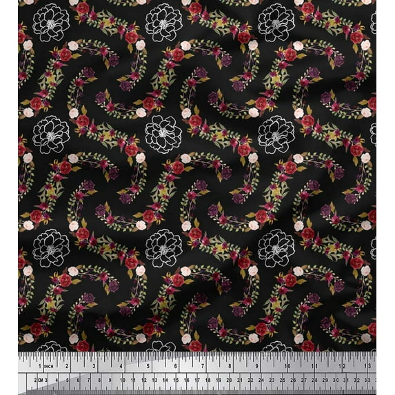 Soimoi Black Cotton Cambric Fabric Anemone & Roses Floral Print Printed Craft Fabric By the Yard 42 Inch Wide