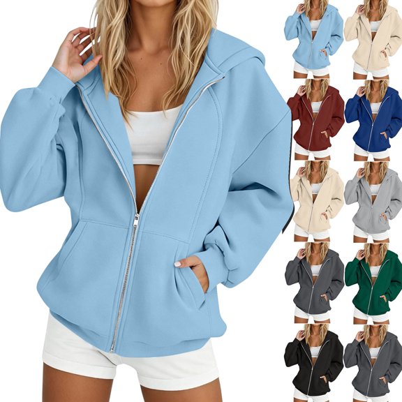 Hoodies for Women Zip Up Dqueduo Women's Solid Color Thickened Fleece Zip-Up Hooded Long Sweater Jacket – Casual Winter Coat Blue XL