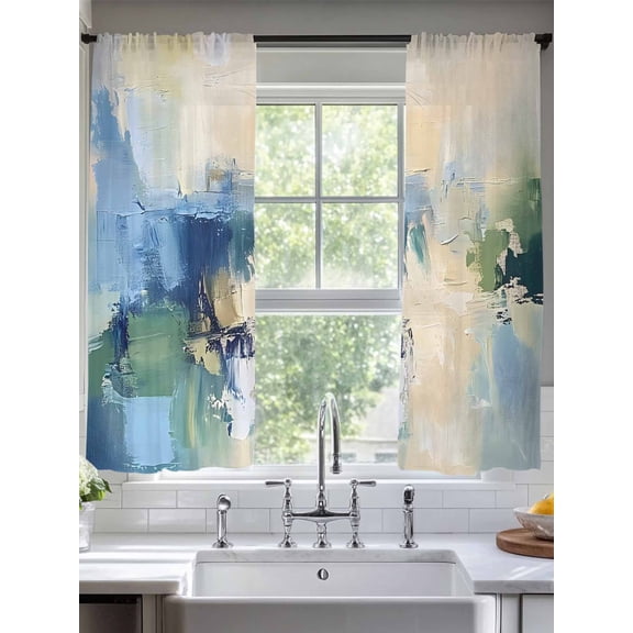 Abstract Graffiti Sheer Curtains 63 Inches Long 2 Panels Blue Beige Oil Painting Theme Light Filtering Semi Sheer Window Curtains Drapes for Bedroom Living Room 52"x63"