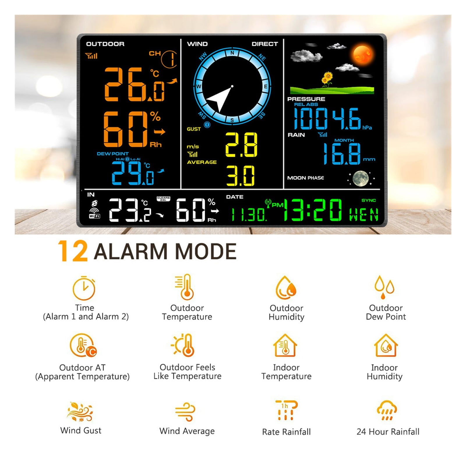 0366 Weather Station Outdoor Sensor Rain Gauge Weather Forecast Temperature Humidity Air Pressure Wind Gauge Moon Phrase ,Easy to Install