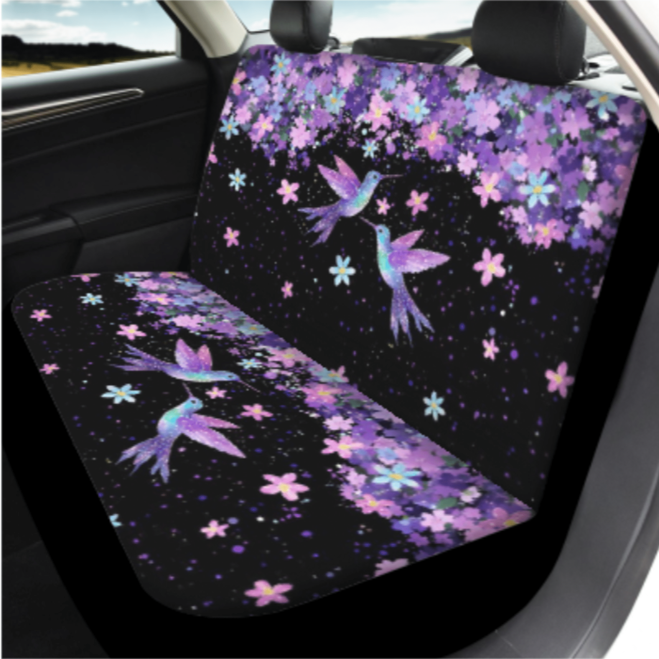 HUIACONG Car Seat Cover Set, with Steering Wheel Cover Seat Protectors Vehicle Cup Mat, 14 Pack Hummingbird Floral Pattern Car Accessories Full Set