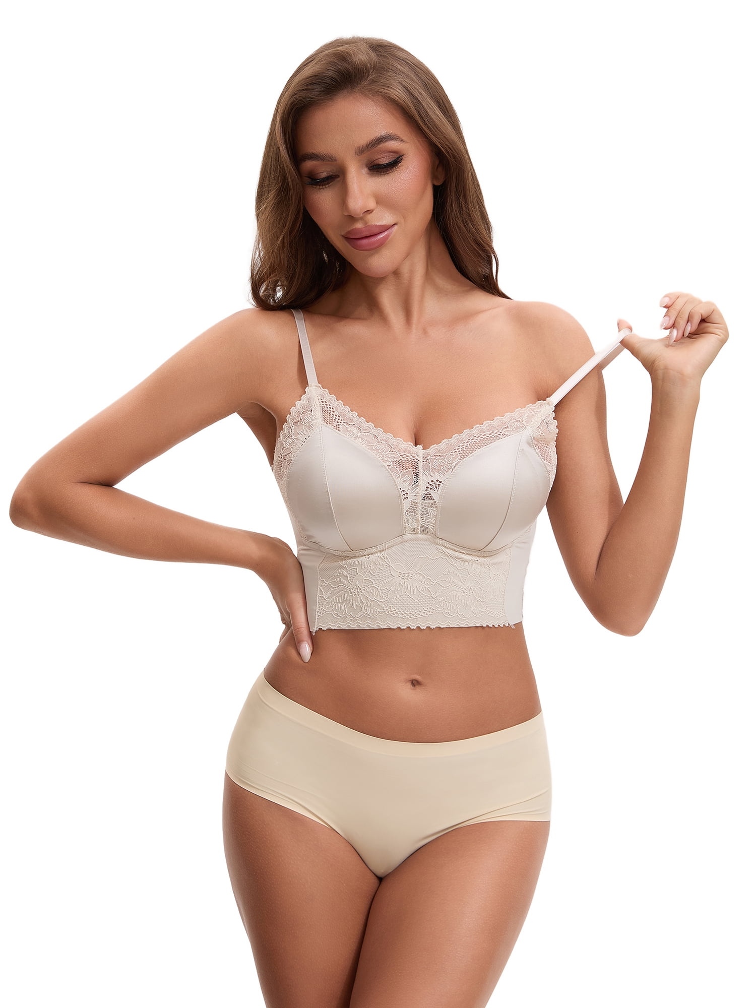 Unique Bargains Women's Lace Wave Trim V Neck Cropped Camisole L Khaki