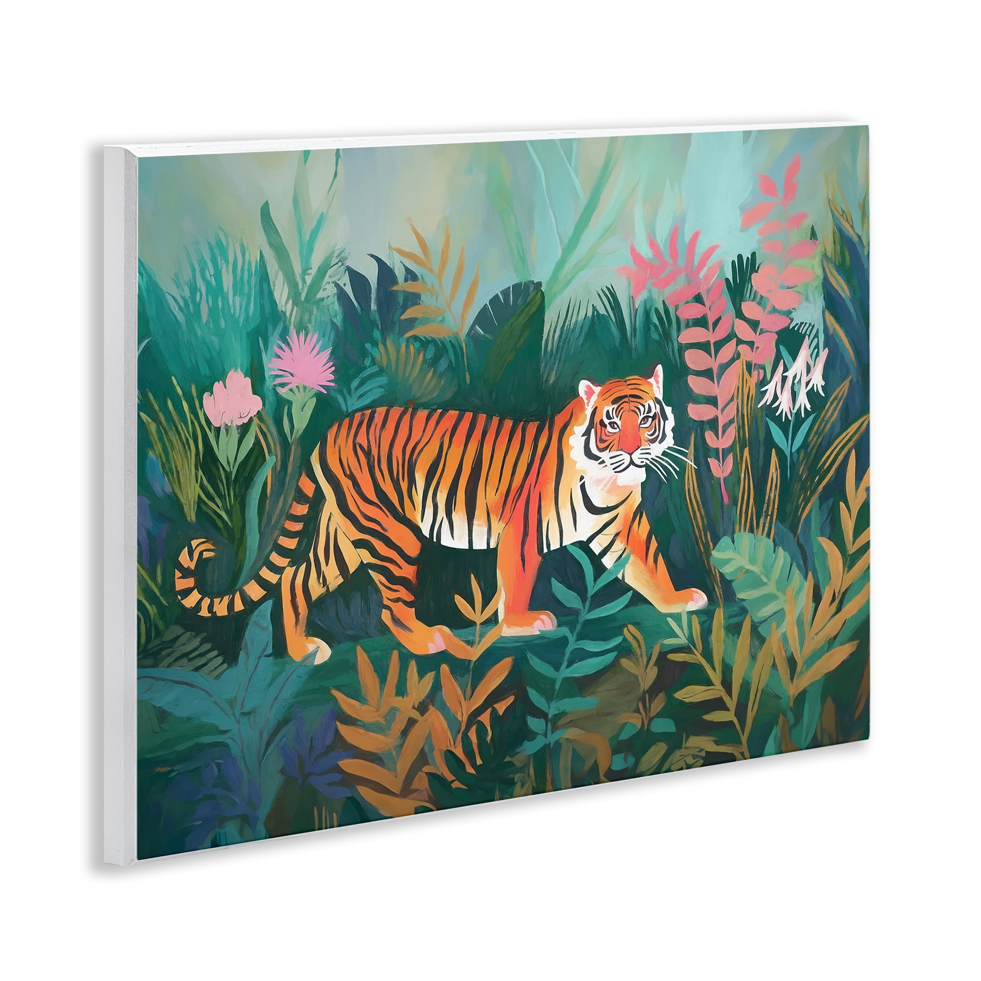 Stupell Industries Tiger in Jungle Leaves Animals & Insects Painting Unframed Art Print Wall Art, 14 x 11