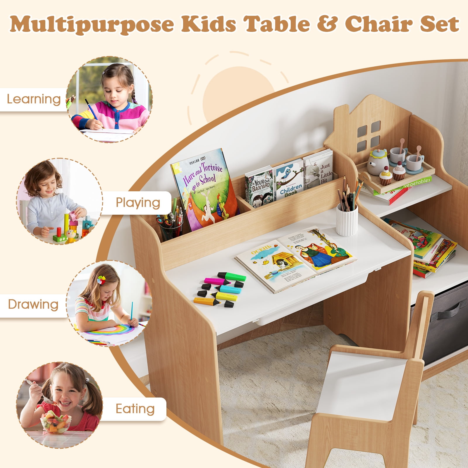 Patiojoy Kids Study Desk and Chair Set Children Study Table w/Open Shelves