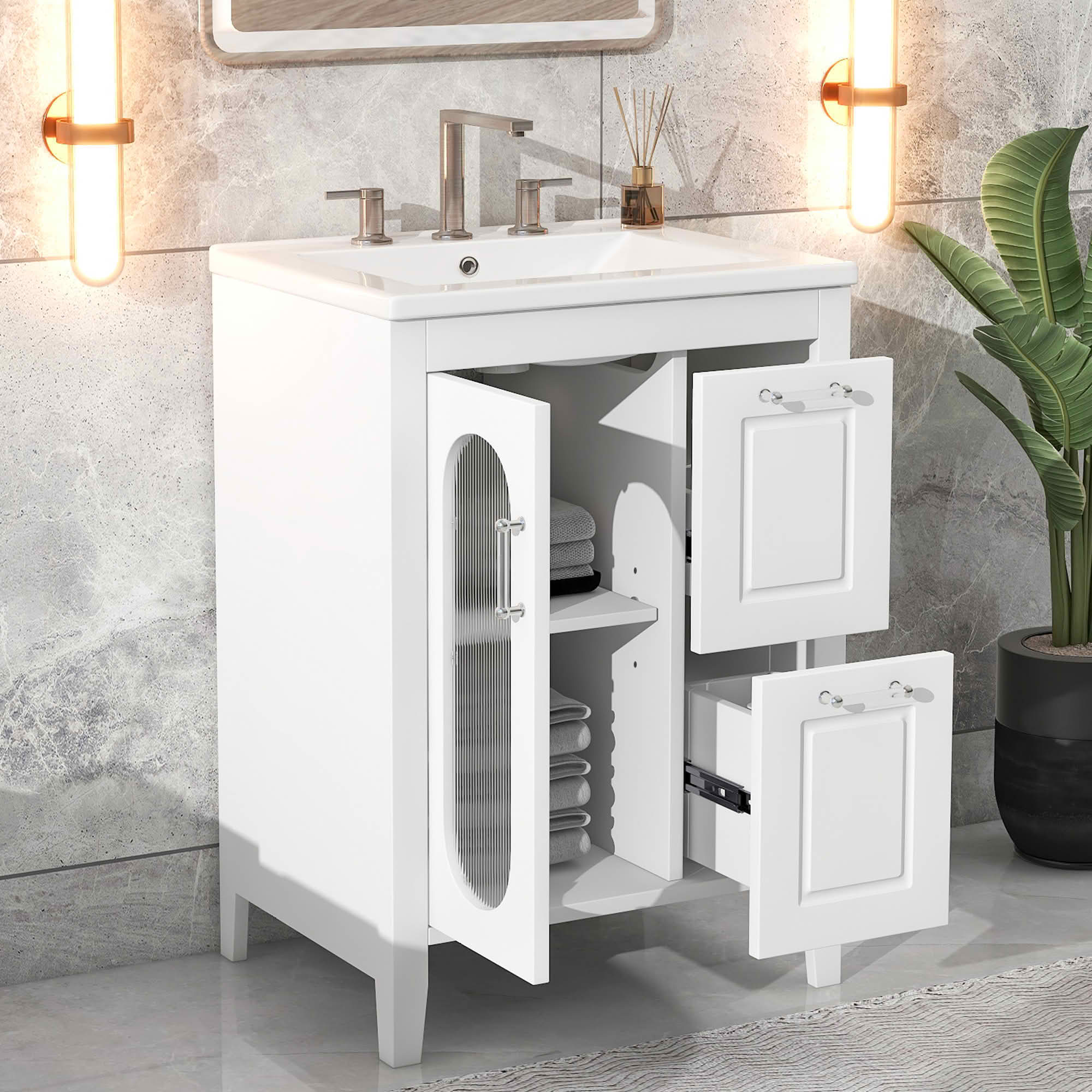 MAYEERTY 24" Bathroom Vanity with Sink 2 Drawers 1 Door Adjustable Shelf Solid Wood MDF White