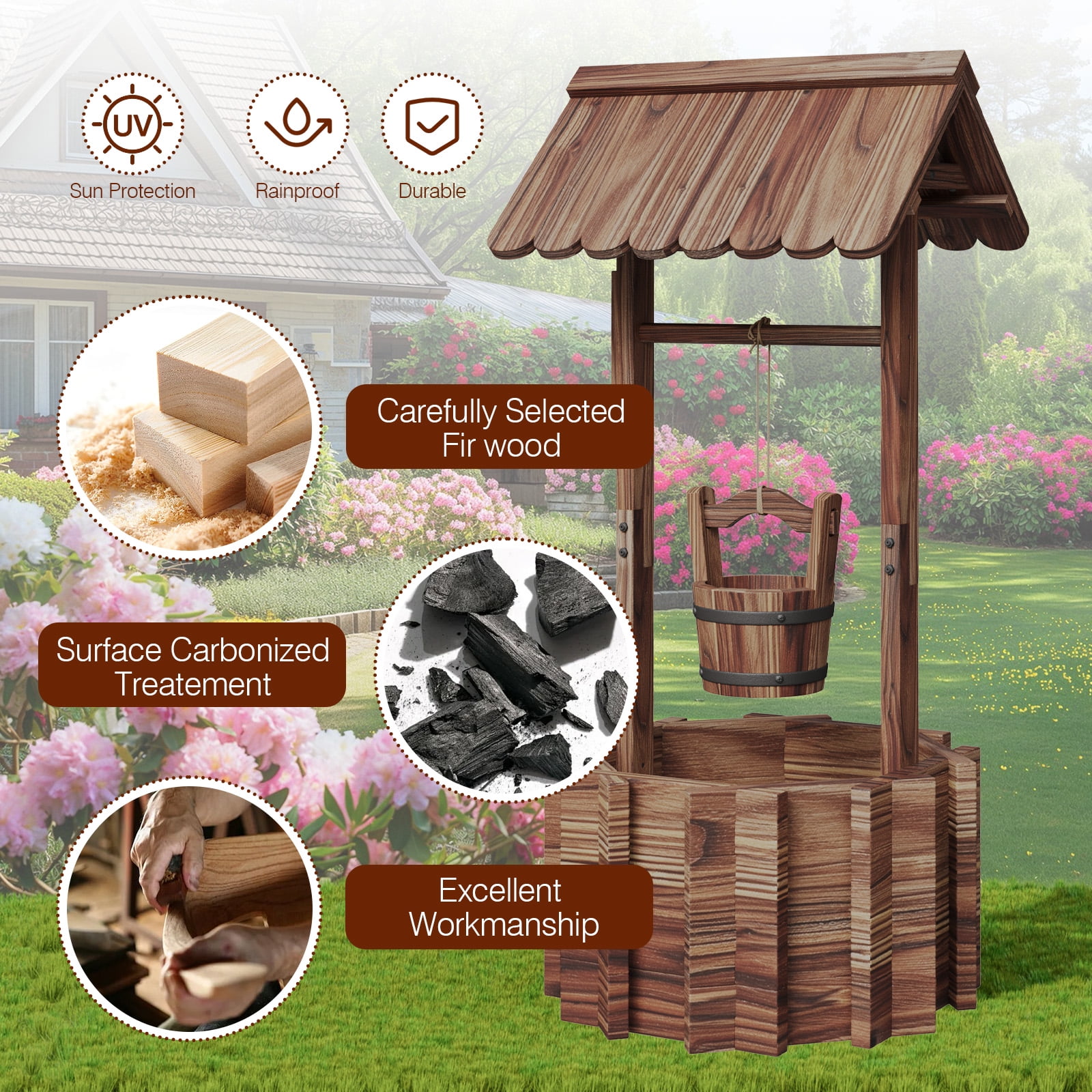 BaPiPro Wood Wishing Well Planter with Hanging Bucket for Flower and Plants, Brown, 22 In