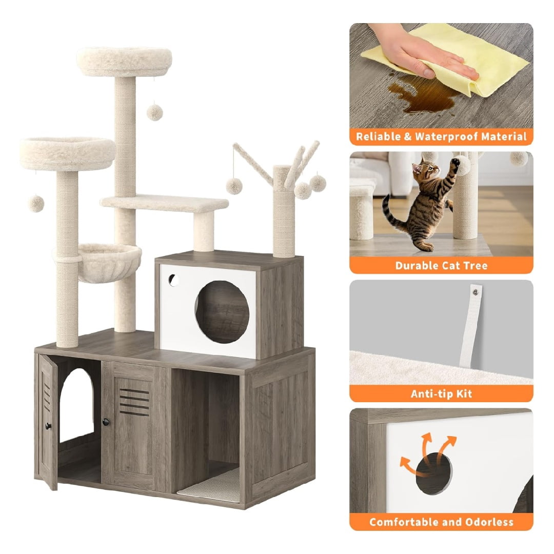 Large Cat Tree with Litter Box Enclosure,3-in-1 Cat Tower, Hidden Pet Washroom Litter Box Furniture,Wooden Multi-Level Cat Condo Furniture with Sisal Scratching Posts,Soft Plush Perch, Hammock
