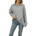 thumbnail image 3 of Female -Shirts Long Sleeve Banded Bottom Tops Business Casual Tops Collared V Neck Blouses Light Grey XL, 3 of 9