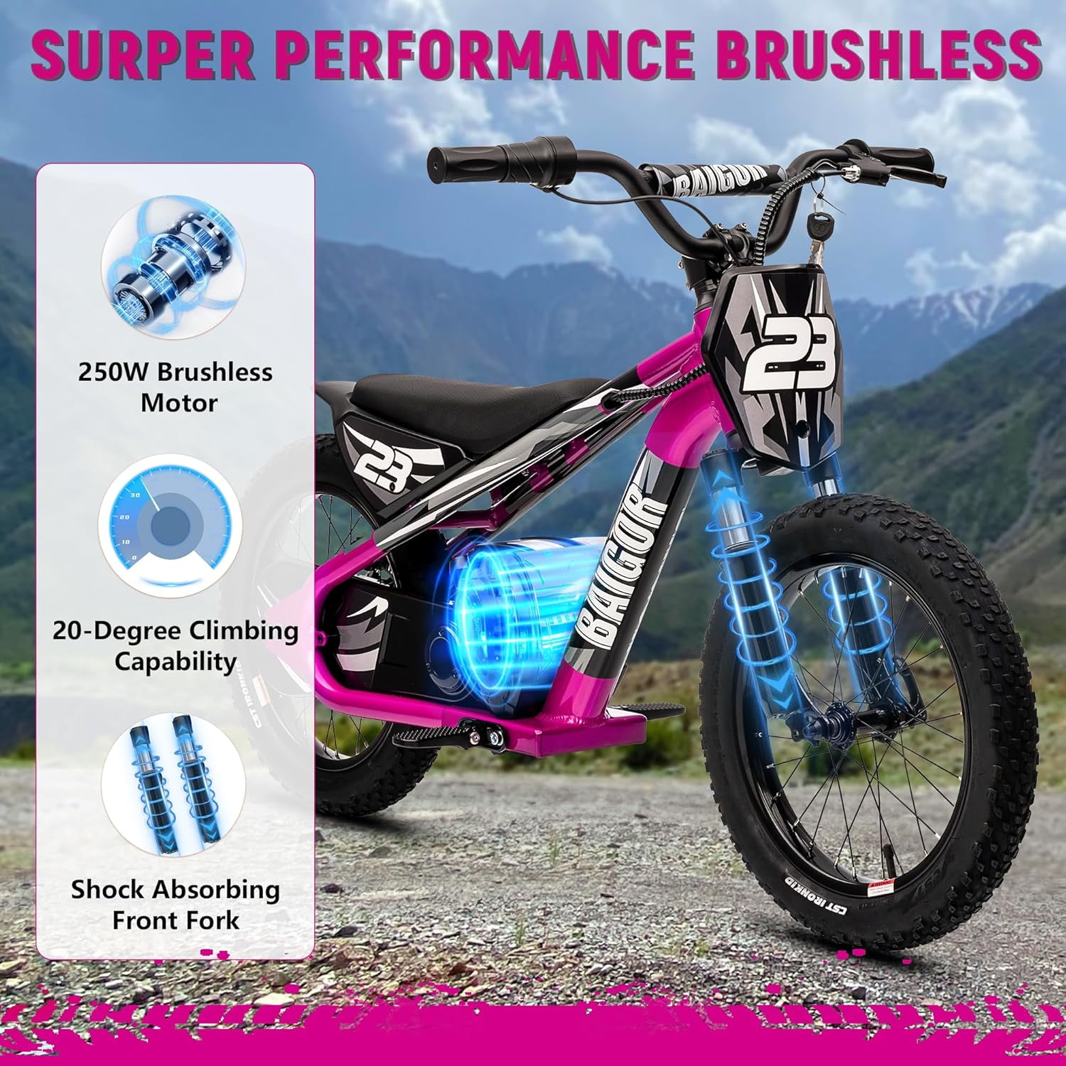 NEORIVER Electric Dirt Bike for Kids 6-12 with Shock-Absorbing Front Fork, 250W Electric Motorcycle Up to 15.5MPH, 24V Detachable Battery, 16'' Tire Electric Balance Bike with Kickstand
