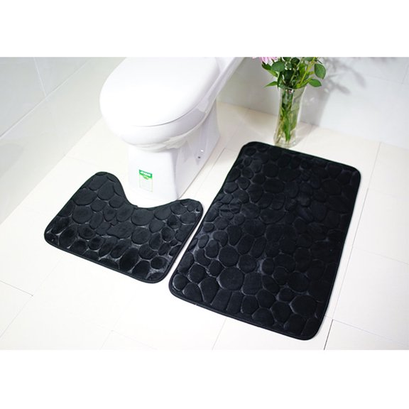 2 Piece Bath Pedestal Mat Set Microfibre Polyester Quick Drying Non-Slip Rubber Backed Bathroom Mat Rug Set (Black)