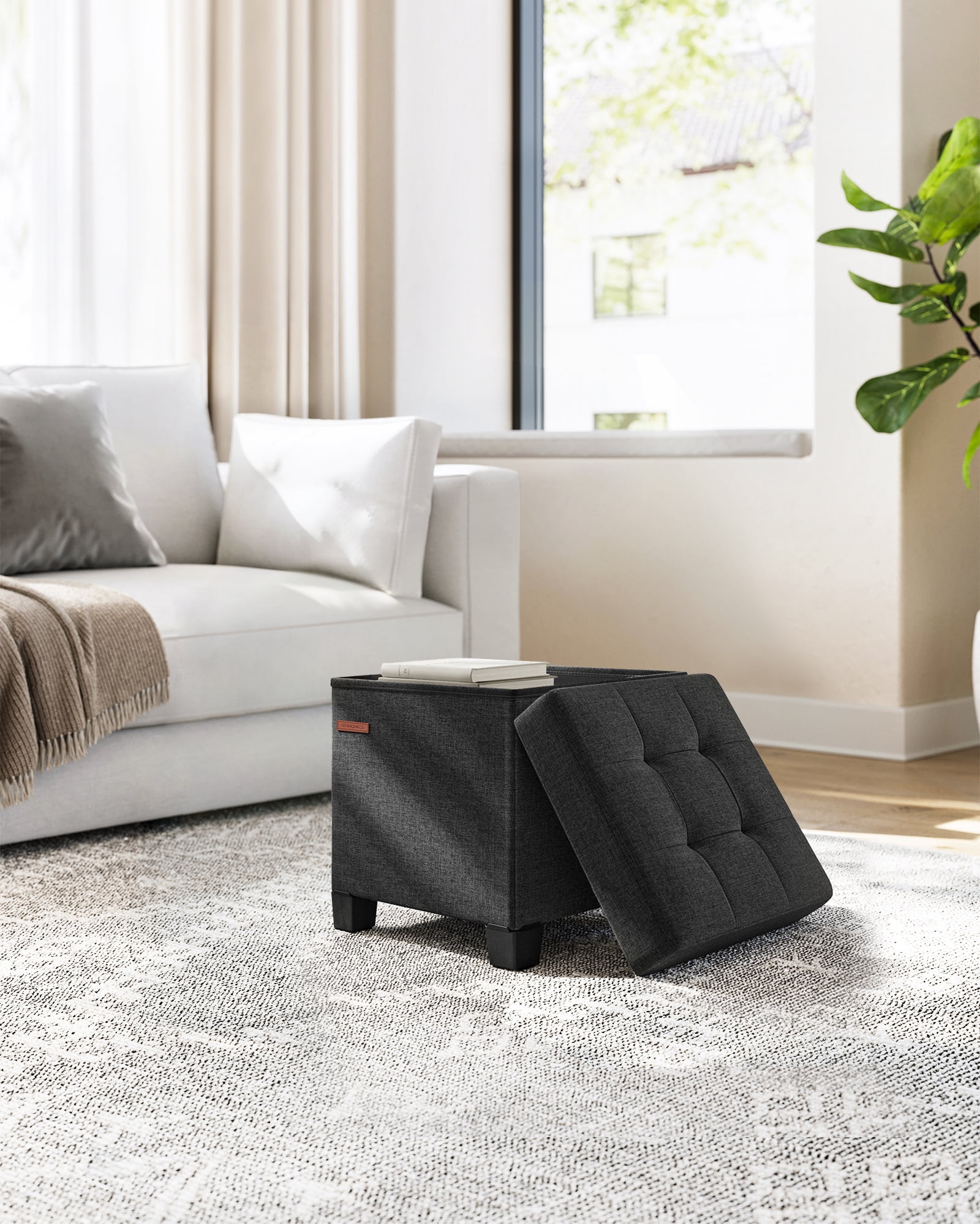 Small Storage Ottoman with Legs - 15" Cube Foot Rest, 660 lb Capacity, Linen-Look Fabric, for Living Room/Bedroom, Ink Black